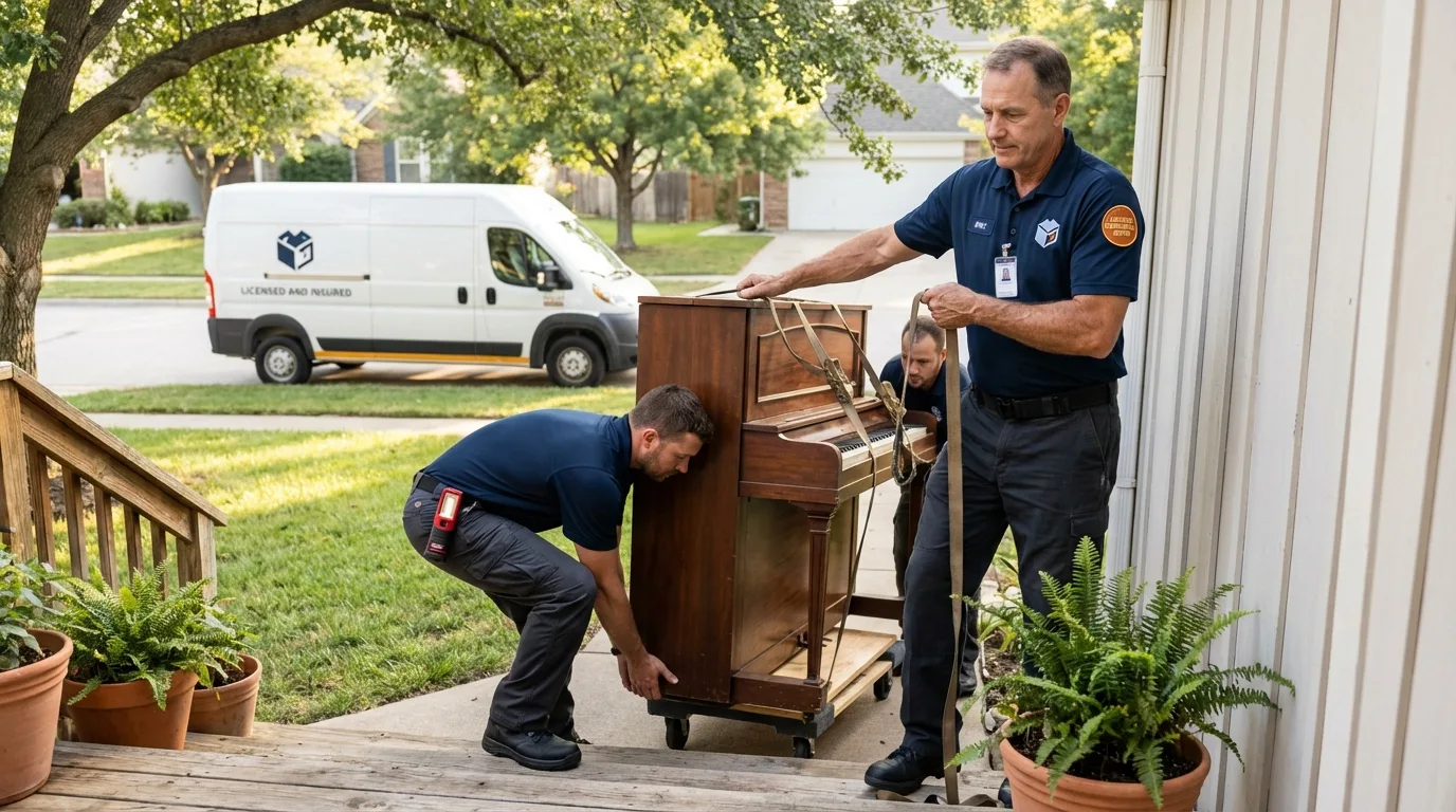 Licensed piano movers securing grand piano in Festus, MO