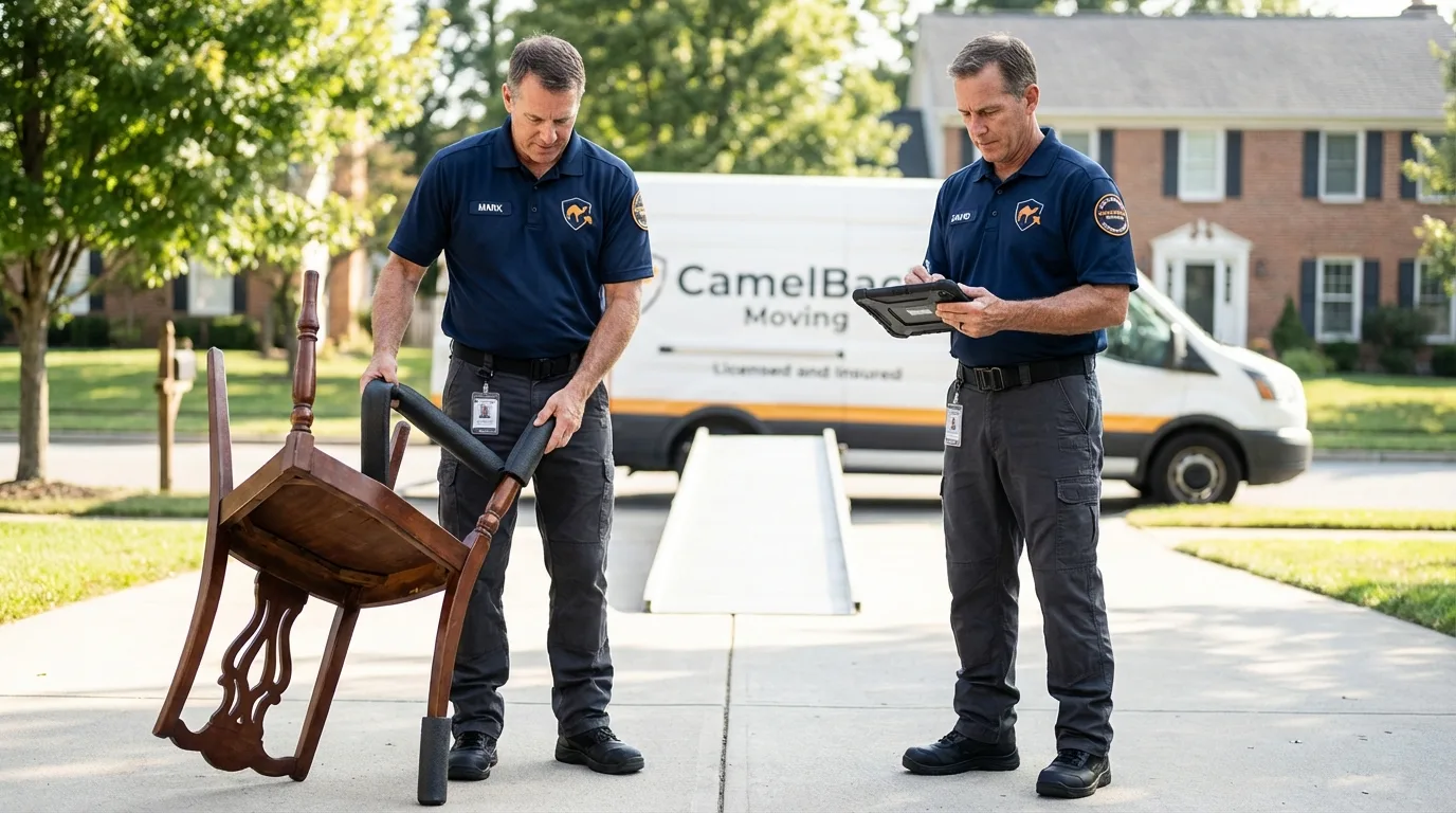 Movers inspecting furniture for damage prevention before loading in Festus, MO